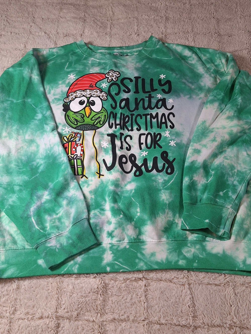 Womens Green Tie-Dye Christmas Crewneck- Silly Santa Design